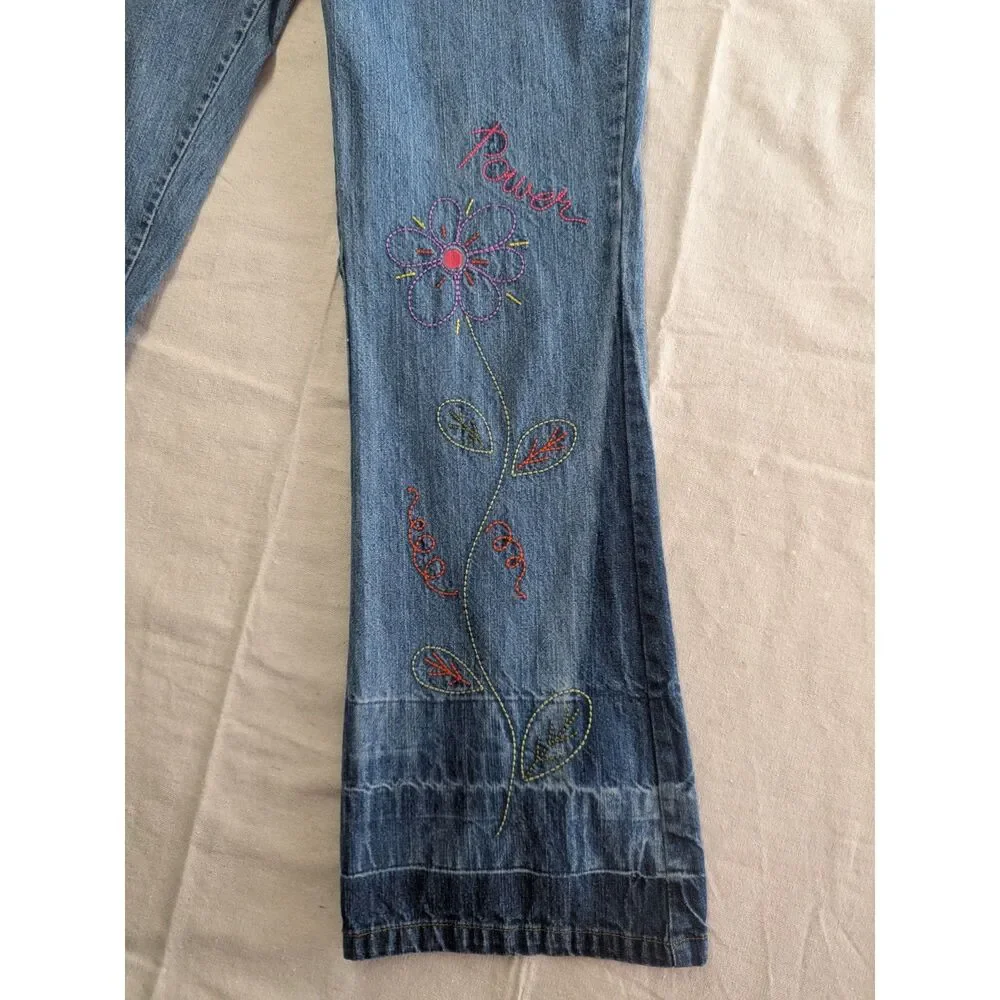 No Boundaries Juniors 11 Y2K Flower Power Embroidered Wide Leg Jeans 100% Cotton